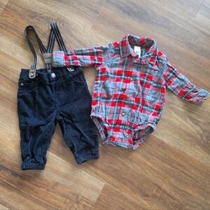Baby Boy Plaid Flannel Suspender Outfit for Christmas Winter SIZE: 6 Months